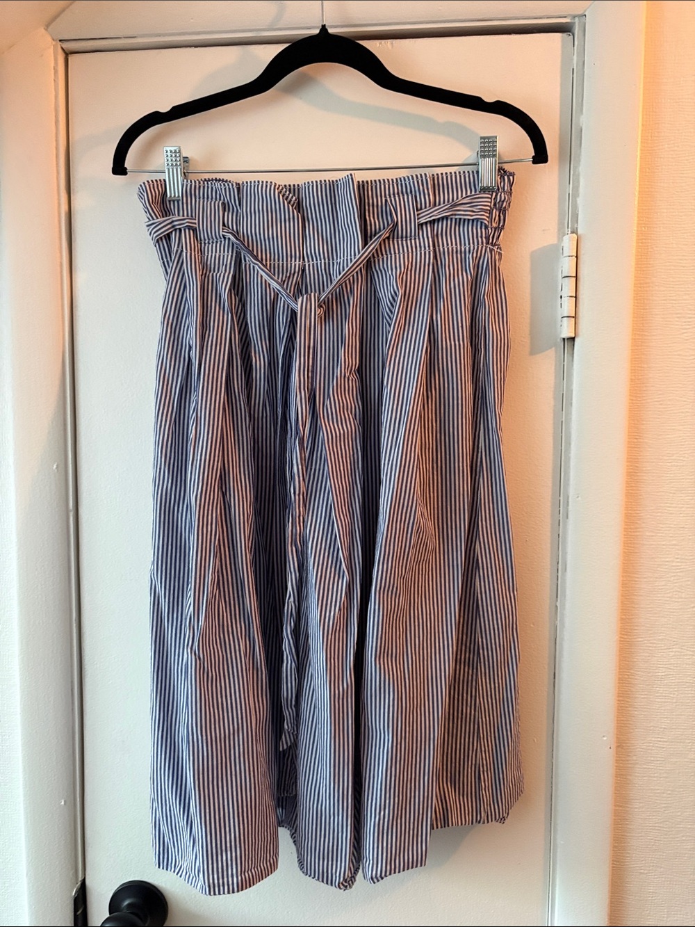 Max Studio Blue and White Striped Midi Skirt with Paperbag Waist